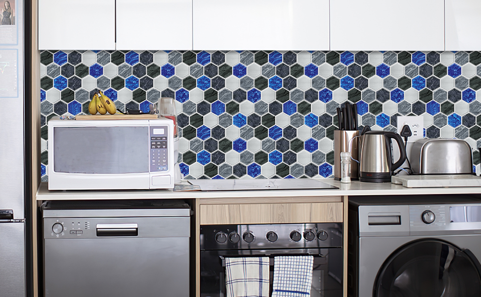 Limited Edition | Hexagon peel and stick backsplash wall tile | PU+PVC | Artistic Design | Black & Silver | Kitchen Renovation | Bathroom Makeover | 25.4cm x 25.4cm | OEM | akadeco abstractpeelstickwallpaper.com